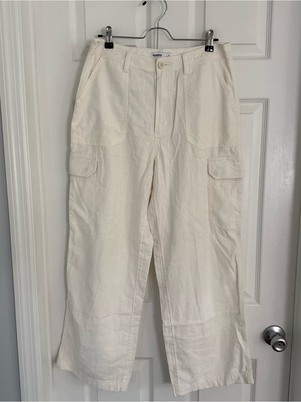 Sonoma Light Cream Cargo Linen Cotton Pants with Utility Pockets 8